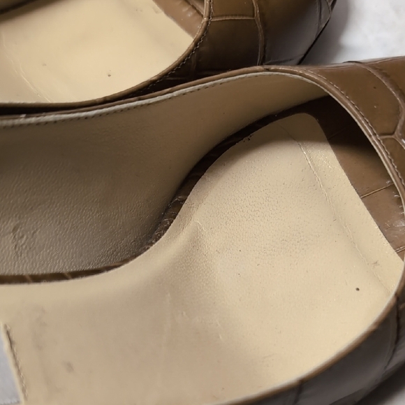 Jimmy Choo Croc-Embossed Tan Peep-Toe Heels - Picture 3 of 7